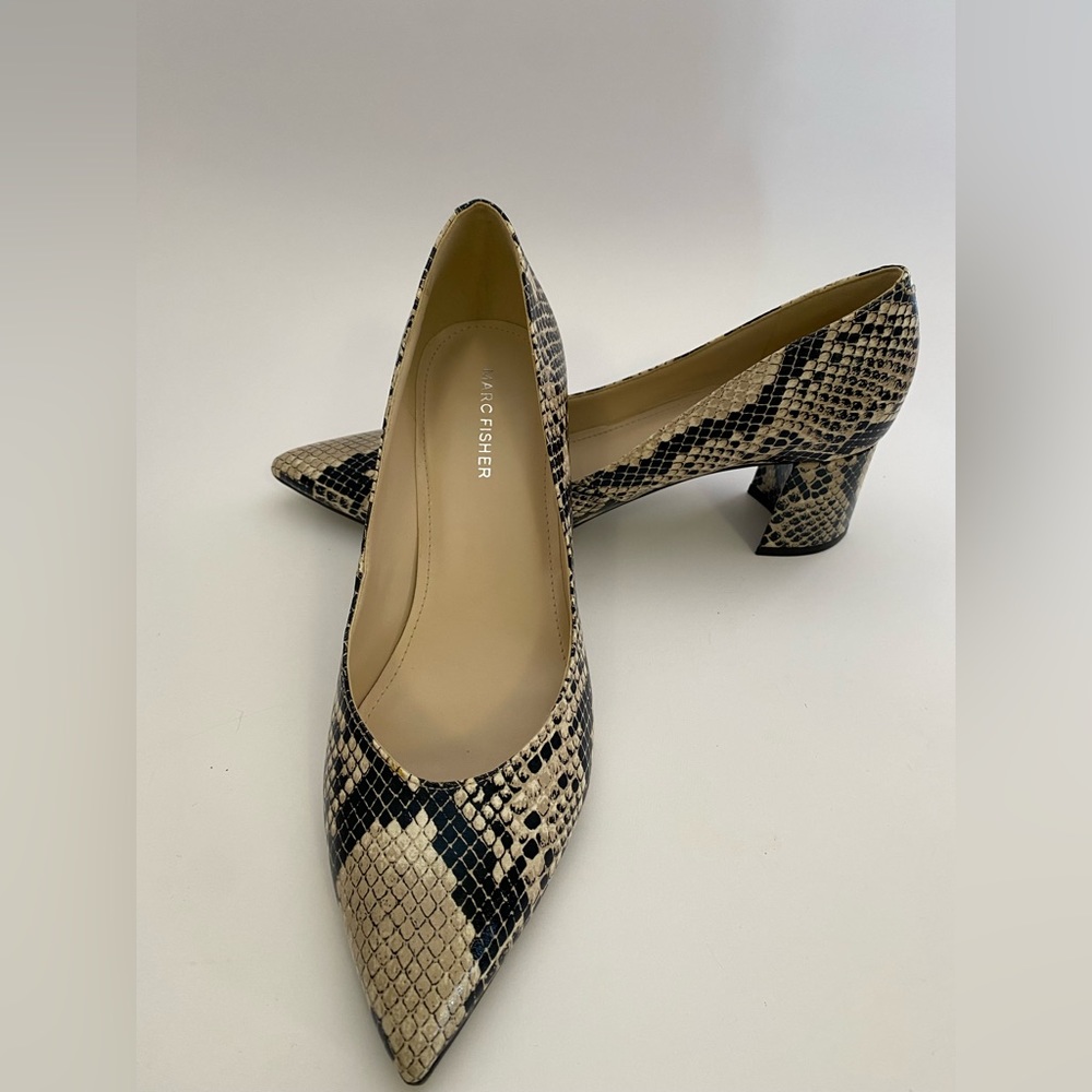 Marc Fisher Beige and Black Snakeprint Block Heel Pumps